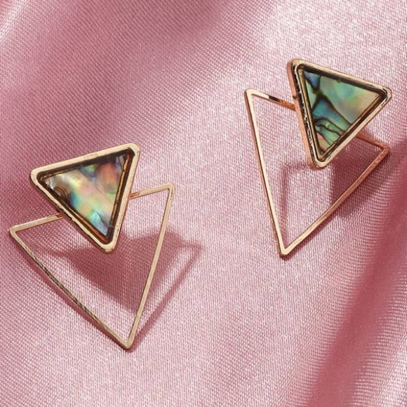 Stacked Gold and Marbled Triangle Stud Earrings - Picture 2 of 7